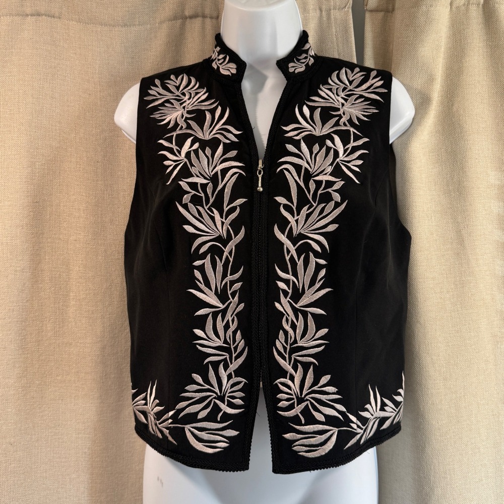Spenser Jeremy‎ 100% Silk Black Embroidered Floral Zip Vest Women S